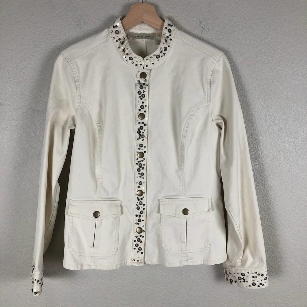 susan Bristol Blazer Jacket Womens 6 Cream Embellished Stand Up Collar Ladies